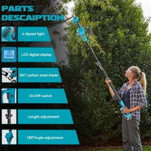 Electric Pruning Shears for Makita Battery, Pruners for Gardening 1.5-2 Inch Cutting Diameter with 2 Pack 2.0Ah Batteries, Cordless 13ft. Pole Pruner for Tree Trimming Branch Cutter with Pruning Blade - Image 6