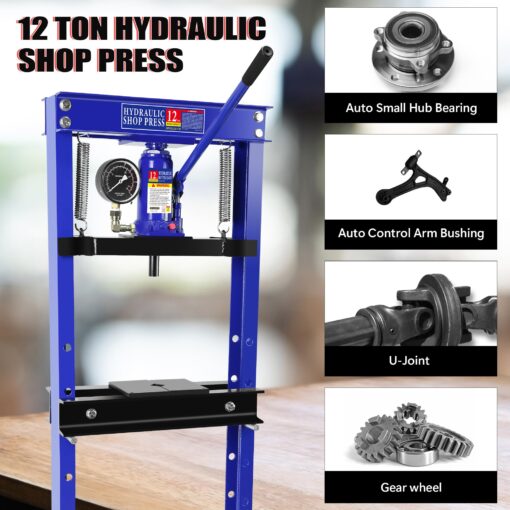 12 Ton Hydraulic Shop Press, H-Frame Garage Floor Adjustable Shop Press with Stamping Plates & Pressure Gauge to Bend, Straighten, Or Press Parts, Install Bearings and U-Joints - Image 3