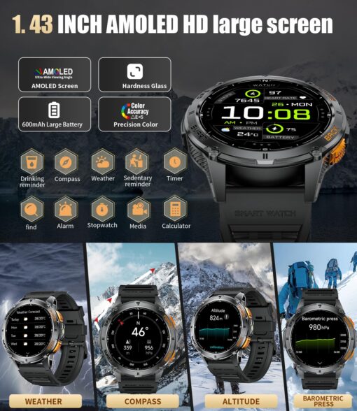 LIGE GPS Smart Watch for Men, Compass/LED Flashlight/1.43" AMOLED Smartwatch, IP68 Waterproof/Swim Mode/100+ Sports Mode Fitness Tracker Watch, Men's Smart Watch for Android iPhone Compatible - Image 6