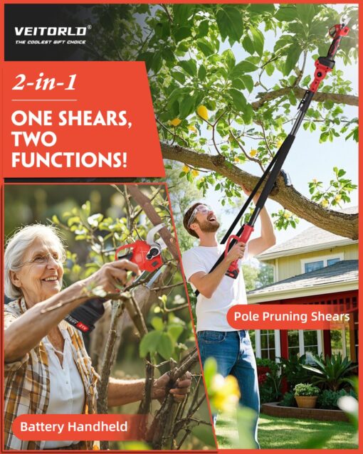VEITORLD 2-IN-1 Cordless Electric Pole Pruning Shears, 15ft Reach, 1.2" Cutting Diameter, Battery Powered with 2x 2000mAh, Brushless Motor for Efficient Garden Tree Trimming, Branch Cutting（Red） - Image 8