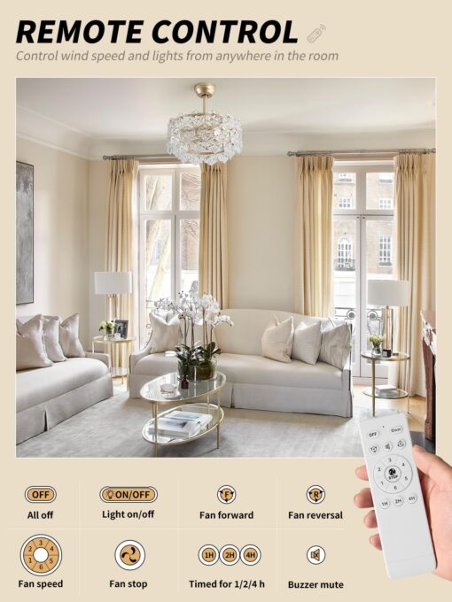 SYDACG 20" Gold Crystal Fandelier Ceiling Fan with Light, Mid-Century Chandelier Ceiling Fan with Light Remote Control, Modern Caged Enclosed 6 Speeds for Bedroom, Nursery, Foyer, Living Room - Image 8