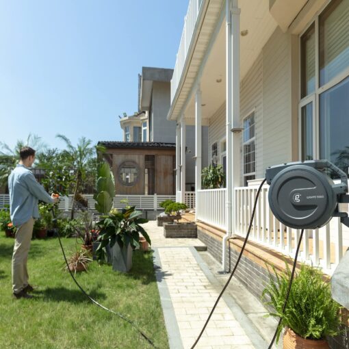 Giraffe Tools Metal Retractable Hose Reel 130 FT Wall Mounted Heavy Duty Hose Reel with 9 Pattern Nozzle 180 Deg Swivel, Metal Bracket Any Length Lock (1/2 130FT PRO, Dark Grey) - Image 2
