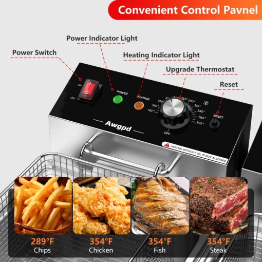 Commercial Deep Fryer with Baskets Stainless Steel Double Deep Fryer with 2 Baskets Capacity 10L X 2(21.3QT) Electric Countertop Fryer for Restaurant and Home Use, 110V 3400W - Image 6