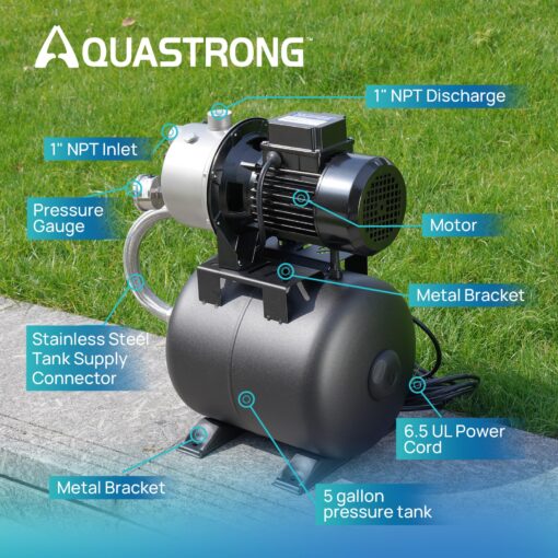 Aquastrong 1.6 HP Shallow Well Pump with Pressure Tank, NSF Certified, 1320 GPH, 115V, Stainless Steel Irrigation Pump, Automatic Water Booster Jet Pump for Home, Garden, Lawn - Image 3