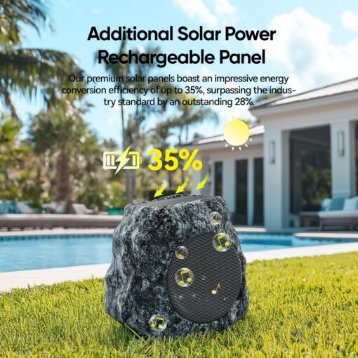 Outdoor Rock Speaker 60W Deep Bass Multi-Sync up to 100 Speakers Auto-Pairing, IPX7 Waterproof Solar-Powered Bluetooth Speaker Perfect for Pool, Garden, Patio, Ideal for Music Entertainers - 2 Pack - Image 4