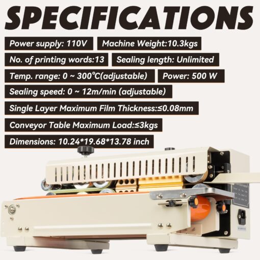 U.S. SOLID Continuous Bag Band Sealer Tabletop Sealing Machine, Automatic Horizontal Band Sealer with Digital Temperature Control for 0.02-0.08mm PVC Bags Films Stamp Coding 110V - Image 5