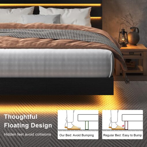 Feonase Floating Bed Frame Full with Led Lights and Charging Station, Wood Full Size Bed Frame with Storage Headboard, Heavy Duty Metal Slats, No Box Spring Needed, Easy Assembly, Noise-Free, Black - Image 5