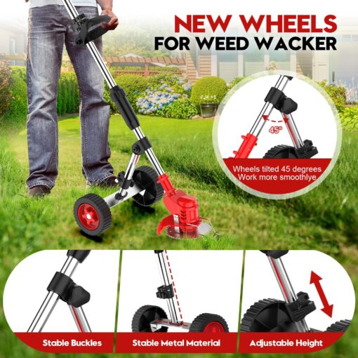 Electric Weed Wacker Cordless with Wheels, Weed Eater Battery Powered 2000mAh 21V, 3 in 1 Lightweight Grass Trimmer String Trimmer Brush Cutter Mower, Stringless Weed Trimmer Edger W/Blade 2 Battery - Image 3