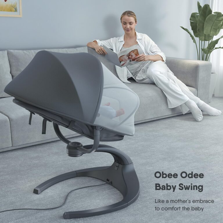 Obee Odee Baby Swing - 5 Speeds, 12 Lullabies, Portable with 360 Rotating Seat, Adapter & Battery Operated, Indoor & Outdoor (Gray, Basket) - Image 3