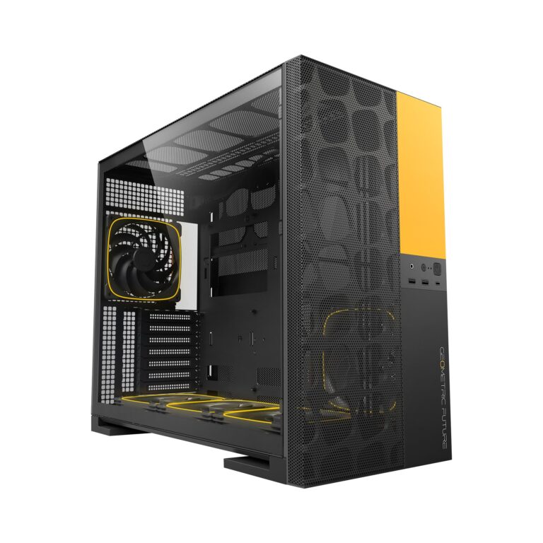 Geometric Future M5 Vent, Mesh Panel Tempered Glass Mid Tower, E-ATX/ATX Gaming Case, High Airflow, Type C, Support 420/360 Rad, ARGB PWM 140mm Fan x 5 Pre-Installed, Black/Yellow, GEO-M5VF-BY - Image 9