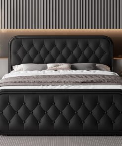 Feonase Full Size Bed Frame, Heavy Duty Bed Frame with Faux Leather Headboard, Upholstered Platform Bed with Strong Metal Slats, 12" Under-Bed Storage, Noise-Free, Easy Assembly, Black