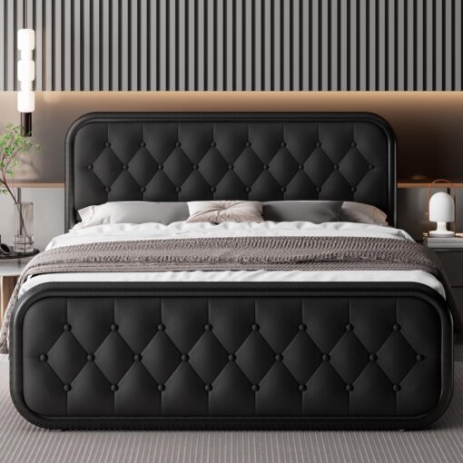 Feonase Full Size Bed Frame, Heavy Duty Bed Frame with Faux Leather Headboard, Upholstered Platform Bed with Strong Metal Slats, 12" Under-Bed Storage, Noise-Free, Easy Assembly, Black