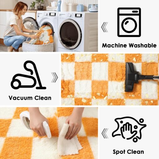 KICMOR 8x10 Area Rugs for Living Room, Large Fluffy Fuzzy Orange and Cream White Checkered Shag Rug Soft Plush Big Bedroom Carpet, Shaggy Floor Rugs for Kids Boys Girls Dorm Nursery Home Room Decor - Image 6