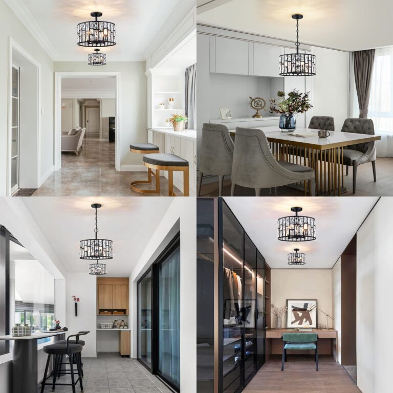 Farmhouse Crystal Convertible Chandelier and Semi Flush Mount Lighting Black Cylinder Drum Shade Pendant for Kitchen Island Dining Room Bedroom Hallway - Image 4