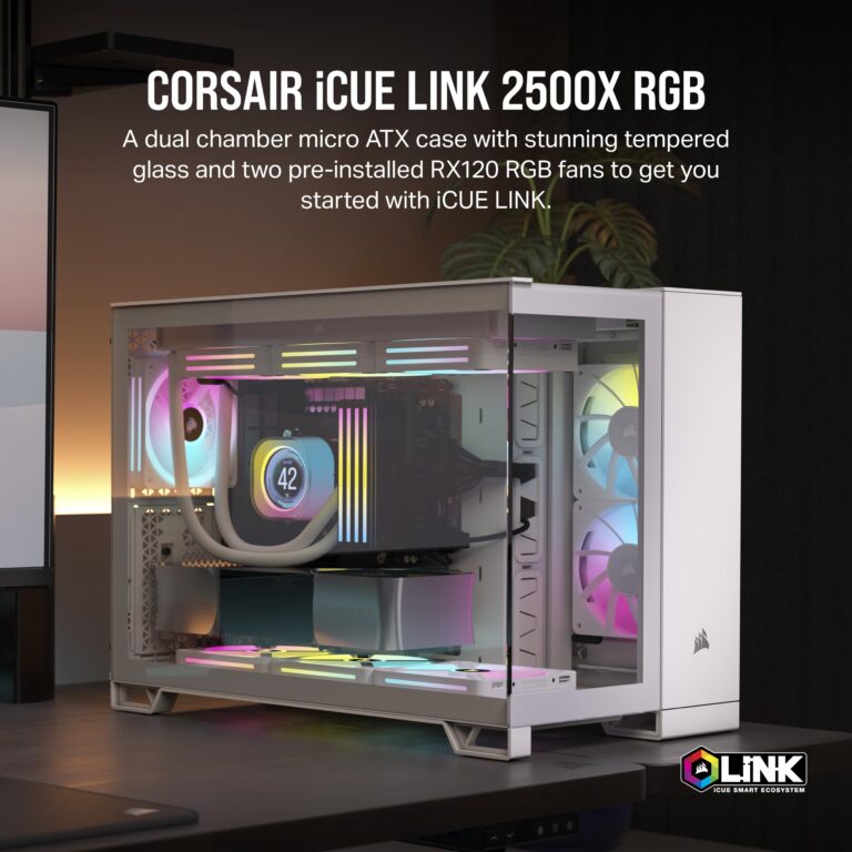 CORSAIR iCUE LINK 2500X RGB Small-Tower mATX Dual Chamber PC Case – Panoramic Tempered Glass – Reverse Connection Motherboard Compatible – 2x CORSAIR RX120 RGB Fans Included – White - Image 9