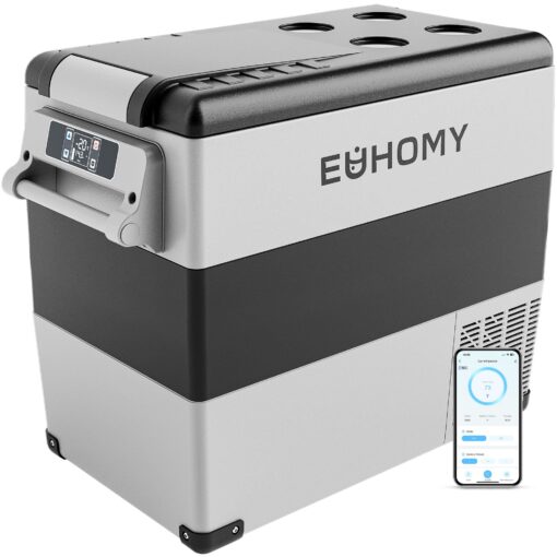 EUHOMY 12 Volt Refrigerator, 59QT(55L) Electric Cooler, 12V Fridge APP Control, 12V Cooler -4℉~68℉, Portable Freezer 12/24V DC 110-240V AC for Camping, Travel, Truck, Home