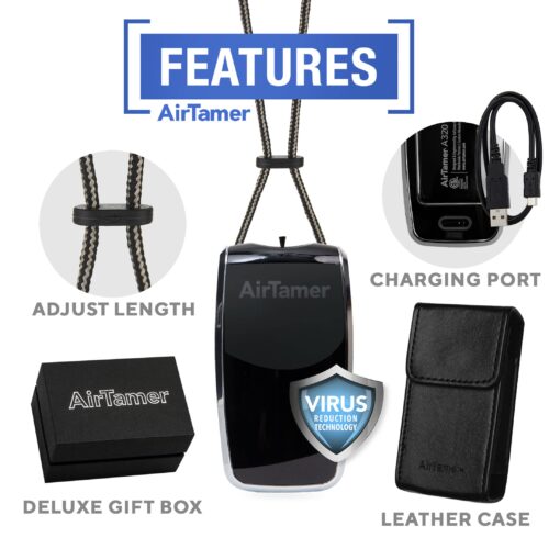 AirTamer A320 Rechargeable Personal Air Purifier, Proven Performance, Virus and Pollutant Tested*, Black with Leather Travel Case - Image 8