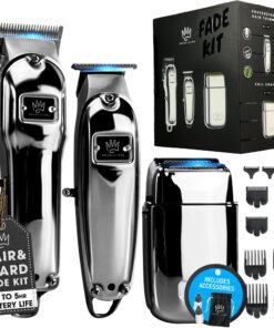 Royal Clips Hair and Beard Fade Kit 2.0 – Professional Clipper, Trimmer & Foil Shaver Bundle for Men, Complete Haircut Set for Barbers, Home Use & Grooming – 5-Hour Battery, 10pcs Limit Combs, Silver