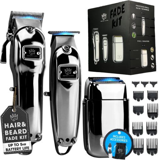 Royal Clips Hair and Beard Fade Kit 2.0 – Professional Clipper, Trimmer & Foil Shaver Bundle for Men, Complete Haircut Set for Barbers, Home Use & Grooming – 5-Hour Battery, 10pcs Limit Combs, Silver