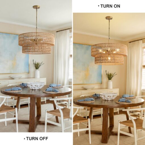 23.6" Boho Rattan Chandelier, 6-Light Large Rattan Pendant Light with 2-Tier Wicker Shade, Bohemian Farmhouse Ceiling Light Fixture Chandelier for Dining Room, Living Room, Bedroom, Kitchen Island - Image 5