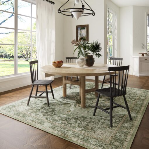 9×12 Machine Washable Rug for Living Room, Boho Vintage 9×12 Area Rug，Distressed Accent Low Pile Ultra Soft Large Carpet for Bedroom Bathroom Dining Room, Floral/Green - Image 5