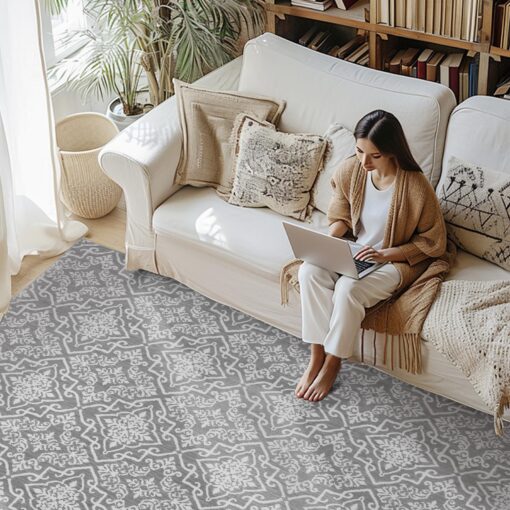 jinchan Boho Area Rug 8x10 Moroccan Washable Rug Indoor Floor Cover Accent Carpet Floral Tile Print Mat Soft Non Slip Carpet for Kitchen Living Room Bedroom Dining Room Farmhouse Decor Grey - Image 3