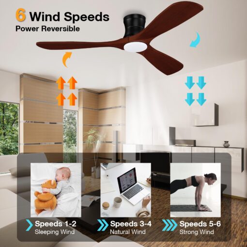 52” Smart Low Profile Ceiling Fans with Lights Remote,3 Wood blade,Quiet DC Motor,Outdoor Indoor Flush Mount Ceiling Fan,Voice Control via WIFI Alexa App,Modern Lighting& Ceiling fan for Bedroom Patio - Image 5