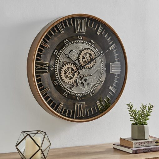 CLXEAST 24 Inch Large Moving Gear Wall Clock for Farmhouse Living Room Decor,Vintage Industrial Bronze Gold Metal Wall Clock for Home Office