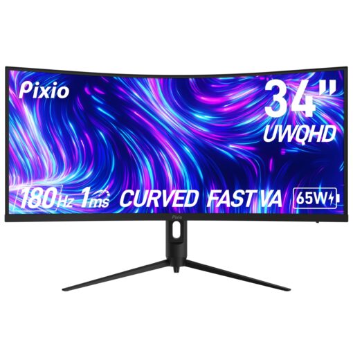 Pixio PXC348C Neo 34 inch 180Hz Refresh Rate UWQHD 1440p Ultrawide Resolution 1000R Curve Fast VA Panel 1ms Response Time USB-C Displayport 65W Charging AMD FreeSync Premium HDR Curved Gaming Monitor