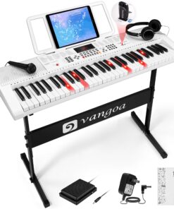 Vangoa Keyboard Piano 61 Key, Full Size Electric Piano Keyboard Light UP Keys with 3 Teaching Modes, Learning Music Keyboard Piano with Stand Headphones for Beginners Students, VGK6101 White