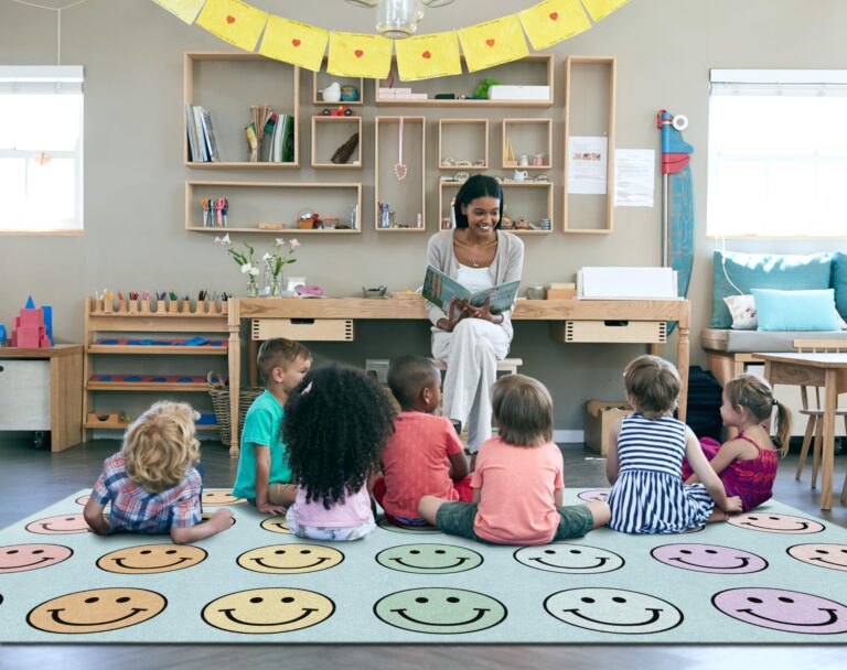 Flagship Carpets Schoolgirl Style Pastel Rainbow Smileys Criss-Cross Applesauce Educational Area Rug for Kids Room, Children's Classroom for Teaching and Playroom, 7'6" x 12', Multi, Seats 28 - Image 2