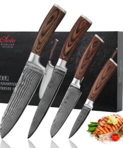 Wakoli Damascus Kitchen Knife Set, 4 Pieces Professional Chef Knife Set made from 67 Layers of Damascus Steel with VG10 Core, Knives Set for Kitchen with Pakkawood Handles in Gift Box (EDIB 4-pcs)