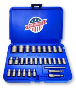 30 Piece Extraction Socket Tool Set | Made in USA Steel | ¼” and ⅜” Drive Impact Grade Bolt and Nut Remover Kit | Turbo Sockets for Stripped, Rounded, Frozen Bolts & Nuts | Nut Extractor Socket Set