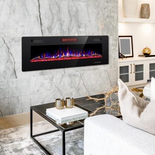 R.W.FLAME 60" Recessed and Wall Mounted Electric Fireplace, Low Noise, Fit for 2 x 6 Stud, Remote Control with Timer, Touch Screen, Adjustable Flame Color and Speed, 750-1500W - Image 4