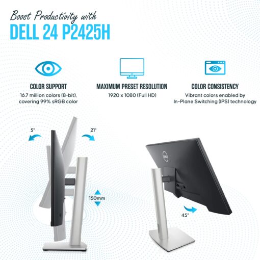 Dell P2425H Computer Monitor Screen 24" 16:9 IPS Bundle with Stand - Full HD, 1920 x 1080-1 Year Warranty - LED, 100Hz Monitor - Power Cable, DisplayPort Cable, USB 3.0 Cable - Image 5