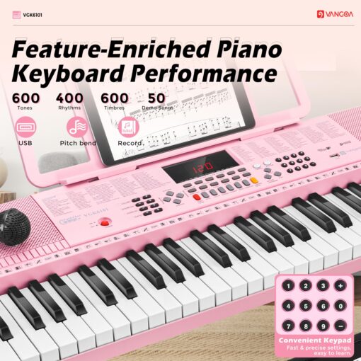 Vangoa Pink Piano Keyboard 61 Key, Electric Keyboard Kit Portable Music Keyboard for Kids Students with Microphone, 600 Tones, 400 Rhythms, 50 Demos, Gift for Beginners - Image 2