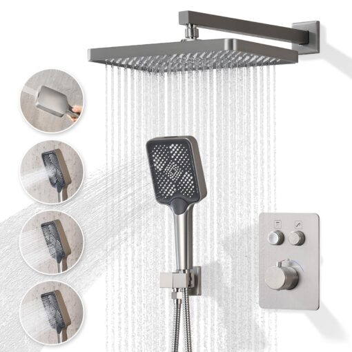 JQBQS Thermostatic Shower Valve/System 12 inches Nickel Brass Faucet Set With Diverter/Mixer With Handheld Rain Head High Pressure Modern Rainfall