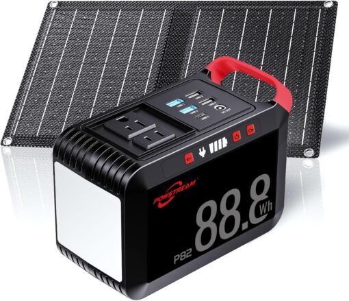 POWSTREAM 88.8Wh Portable Power Station with AC Outlet 120W Peak, 24000mAh Solar Generator with Foldable 21W Panels Included, Solar Powered Power Bank for Outdoor Camping Home Backup Emergency RVs