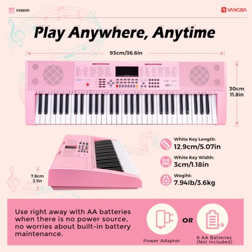 Vangoa Pink Piano Keyboard 61 Key, Electric Keyboard Kit Portable Music Keyboard for Kids Students with Microphone, 600 Tones, 400 Rhythms, 50 Demos, Gift for Beginners - Image 4