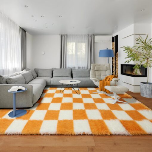 KICMOR 8x10 Area Rugs for Living Room, Large Fluffy Fuzzy Orange and Cream White Checkered Shag Rug Soft Plush Big Bedroom Carpet, Shaggy Floor Rugs for Kids Boys Girls Dorm Nursery Home Room Decor - Image 3