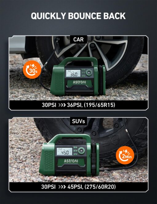 AstroAI TC3 Air Compressor Portable Tire Inflator Offroad Air Compressor for Truck 150PSI with Digital Display Air Pump for Car Heavy Duty for 4x4 Vehicle, RV, SUV, Car Accessories Green - Image 8