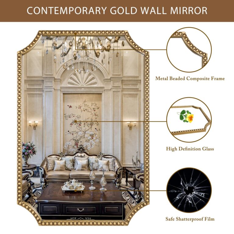 Fobule 24"x36" Mirror for Wall, Scalloped Corners Rectangle Decorative Mirror, Metal Beaded Frame Accent Wall Decor for Bathroom, Entryway, Mantel, Antique Gold - Image 7