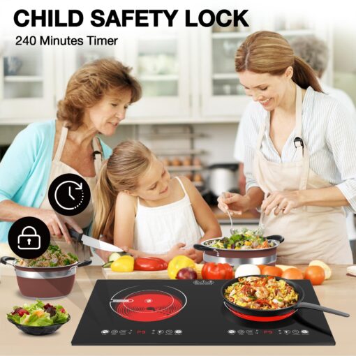 VBGK 2 Burner Electric Cooktop,110V 2400W Electric Stove Top with Touch Control,9 Heating Level,Timer & Kid Safety Lock,Built-in Radiant Double Induction Cooktop - Image 9