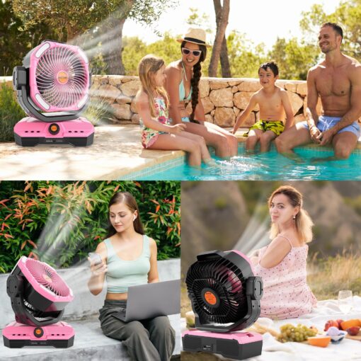 WESTTREE Battery Operated Large Airflow Fan,45000mAh Rechargeable Camping Cordless Fan with 360°Auto Oscillation & Timer, Queit Battery Powered Tent Fans Portable with RGBW Lights for Home X66 Pink - Image 2