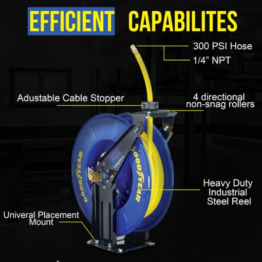 GOODYEAR Air Hose Reel Retractable 3/8" Inch x 50' Feet Long Premium Commercial SBR Hose Max 300 Psi Reinforced Steel Construction Heavy Duty Spring Driven Industrial Dual Arm & Pedestal - Image 2