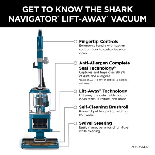 Shark Upright Vacuum, Navigator Lift-Away with Self-Cleaning Brushroll, HEPA Filter, Swivel Steering, Upholstery Tool & Pet Crevice Tool, Perfect for Pets & Multi-Surface, Teal, ZU503AMZ - Image 4