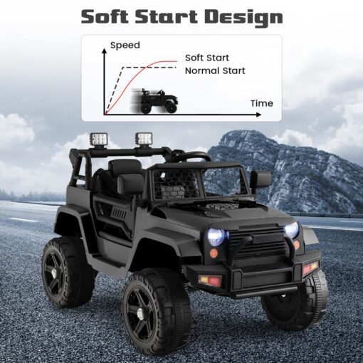 OLAKIDS Kids Ride On Truck, 12V Electric Vehicle Jeep Car with Remote Control, Toddlers Battery Powered Toy with 2 Speeds, Spring Suspension, Double Open Doors, LED Lights, Music, TF, USB, Mp3 (Black) - Image 3