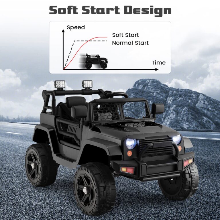 OLAKIDS Kids Ride On Truck, 12V Electric Vehicle Jeep Car with Remote Control, Toddlers Battery Powered Toy with 2 Speeds, Spring Suspension, Double Open Doors, LED Lights, Music, TF, USB, Mp3 (Black) - Image 3