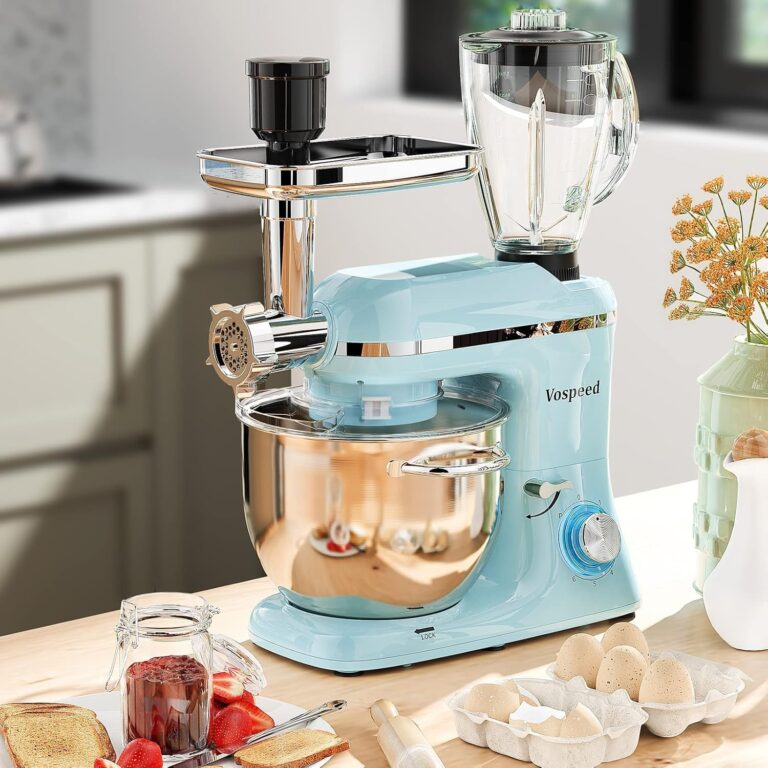 Vospeed 9 IN 1 Stand Mixer, 850W Tilt-Head Multifunctional Electric Mixer with 8 QT Stainless Steel Bowl, 1.5L Glass Jar, Meat Grinder, Hook, Whisk, Beater Dishwasher Safe (Blue) - Image 3