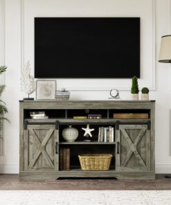 RoyalCraft Farmhouse TV Stand with Sliding Barn Door for TVs up to 65+ Inch, 34" Tall Entertainment Center, Wood Media Console Storage Cabinet for Bedroom, Living Room, Light Grey